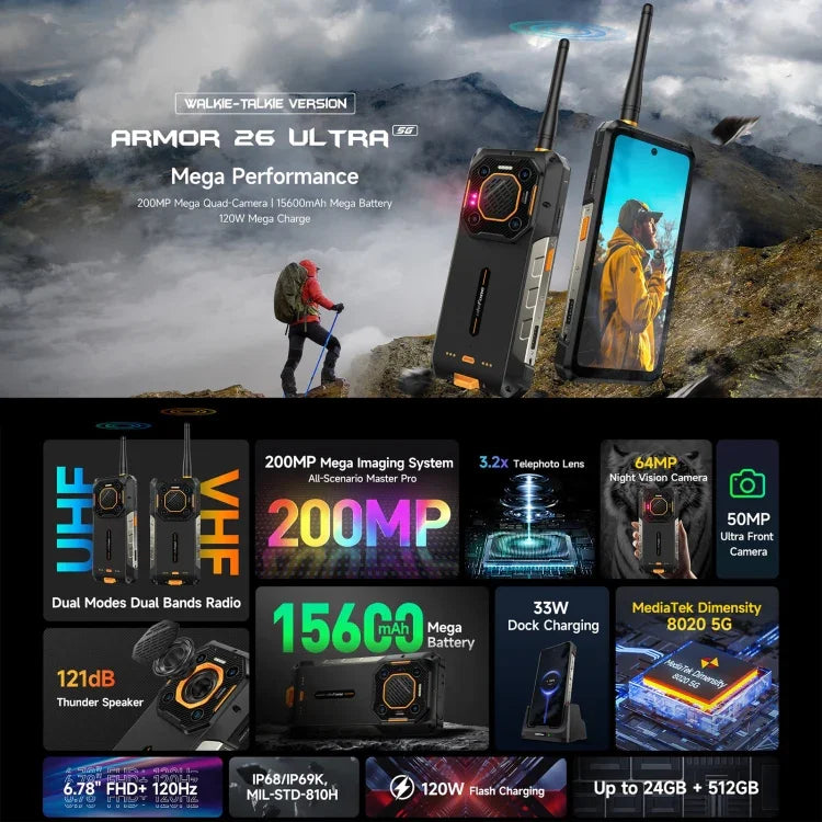 Ulefone Armor 26 Ultra نسخة جهاز اتصال لاسلكي (واكي-توكي) هاتف متين، شاشة 6.78 بوصة أندرويد 13 معالج MediaTek Dimensity 8020 ثماني النواة، الشبكة: 5G، NFC، 12GB+512GB نسخة جهاز اتصال لاسلكي