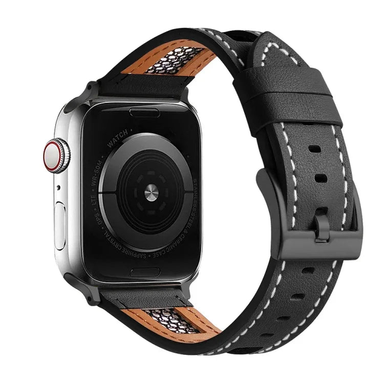 Mesh Calfskin Genuine Leather Watch Band, For Apple Watch SE 2023 44mm, For Apple Watch SE 2023 40mm, For Apple Watch Ultra 2 49mm, For Apple Watch Series 9 45mm, For Apple Watch Series 9 41mm, For Apple Watch Ultra 49mm