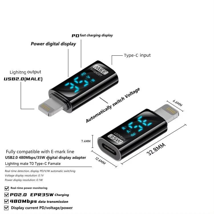 محول شحن مع شاشة رقمية، ذكر 8 دبابيس إلى أنثى Type-C بقوة 35 واط، ذكر Type-C إلى أنثى 8 دبابيس بقوة 35 واط، ذكر Type-C إلى أنثى Type-C بقوة 140 واط