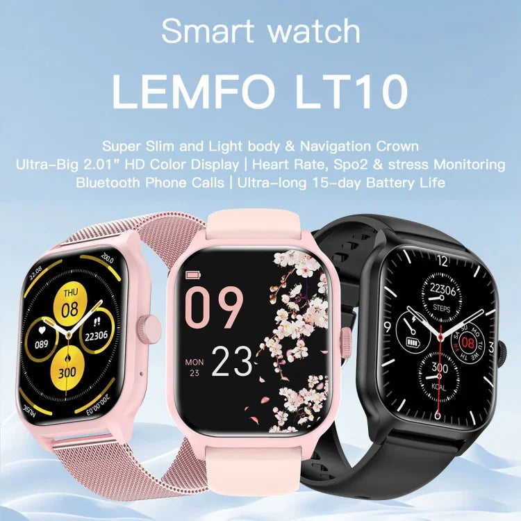 LEMFO LT10 ساعة ذكية بشاشة TFT مقاس 2.01 بوصة تدعم مكالمات البلوتوث / مراقبة الصحة، سوار فولاذي، سوار سيليكون