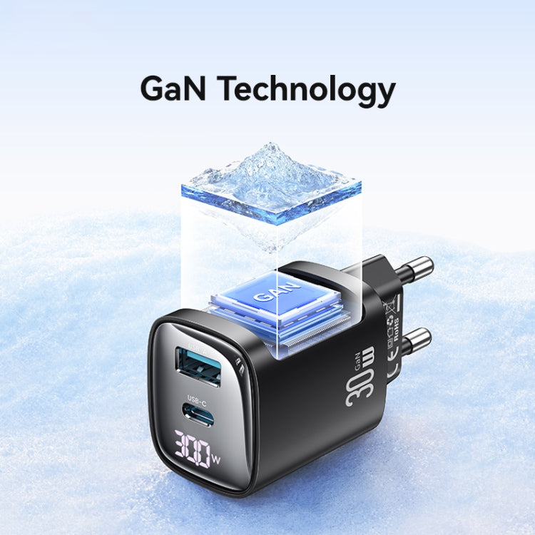 شاحن USAMS CC229 بقوة 30 واط بمنفذي USB + USB-C / Type-C مع شاشة رقمية GaN، المواصفات: قابس الاتحاد الأوروبي، CC229