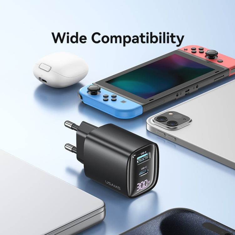 شاحن USAMS CC229 بقوة 30 واط بمنفذي USB + USB-C / Type-C مع شاشة رقمية GaN، المواصفات: قابس الاتحاد الأوروبي، CC229