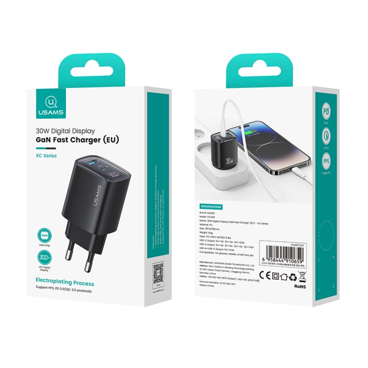 شاحن USAMS CC229 بقوة 30 واط بمنفذي USB + USB-C / Type-C مع شاشة رقمية GaN، المواصفات: قابس الاتحاد الأوروبي، CC229
