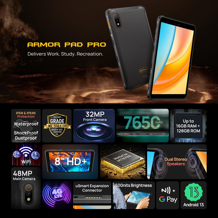 جهاز لوحي متين Ulefone Armor Pad Pro، شاشة 8 بوصة، أندرويد 13، معالج MediaTek MT8788 ثماني النواة، شبكة 4G، قابس الاتحاد الأوروبي، Armor Pad Pro