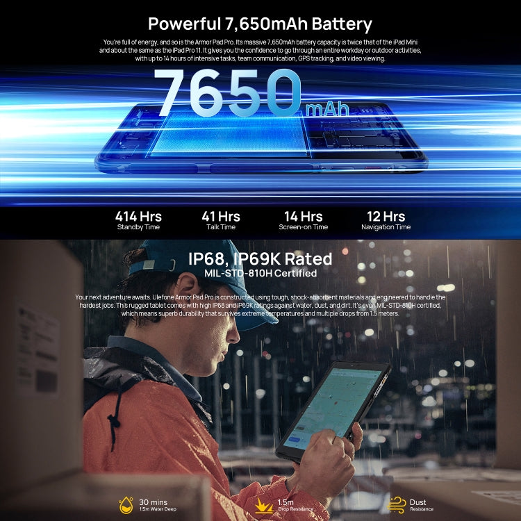 جهاز لوحي متين Ulefone Armor Pad Pro، شاشة 8 بوصة، أندرويد 13، معالج MediaTek MT8788 ثماني النواة، شبكة 4G، قابس الاتحاد الأوروبي، Armor Pad Pro