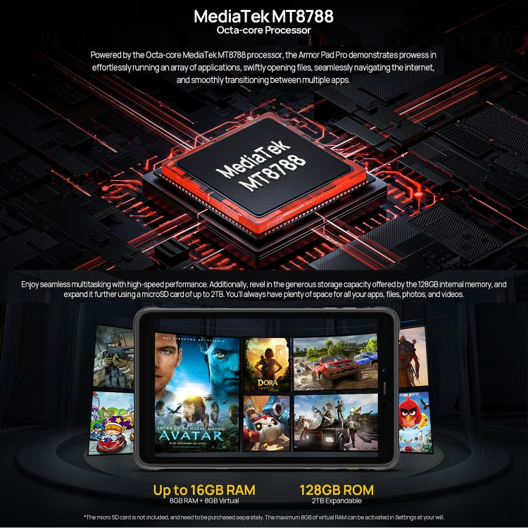 جهاز لوحي متين Ulefone Armor Pad Pro، شاشة 8 بوصة، أندرويد 13، معالج MediaTek MT8788 ثماني النواة، شبكة 4G، قابس الاتحاد الأوروبي، Armor Pad Pro