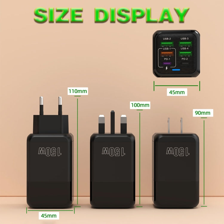 شاحن متعدد المنافذ 150 واط 4 × USB + 2 × USB-C / Type-C، قابس الاتحاد الأوروبي، قابس الولايات المتحدة، قابس المملكة المتحدة
