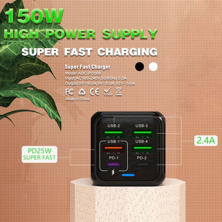 شاحن متعدد المنافذ 150 واط 4 × USB + 2 × USB-C / Type-C، قابس الاتحاد الأوروبي، قابس الولايات المتحدة، قابس المملكة المتحدة