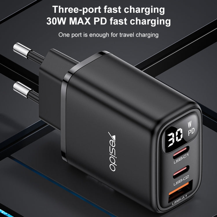 شاحن Yesido YC69 بقوة 30 واط USB + USB-C مزدوج / Type-C مع شاشة رقمية، المواصفات: قابس الاتحاد الأوروبي، YC69