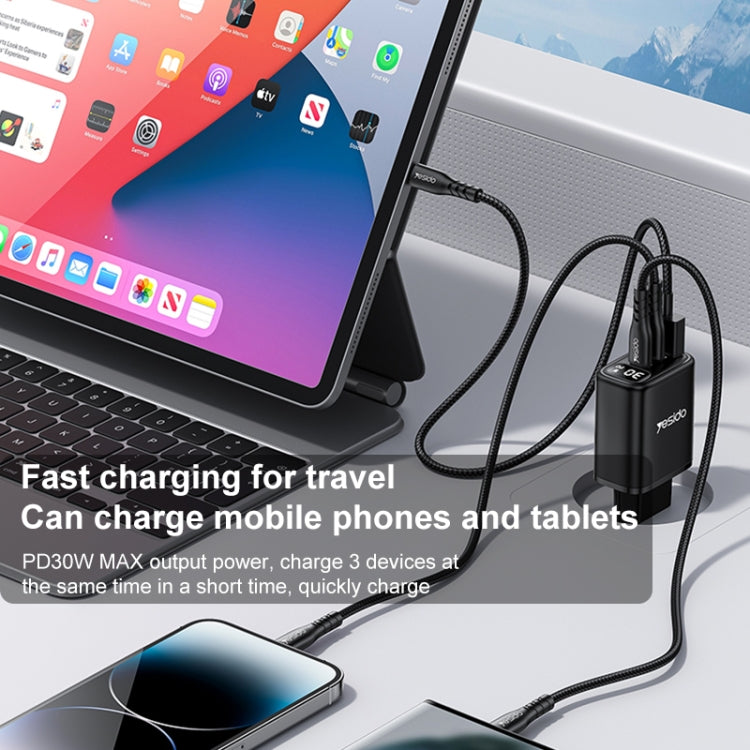 شاحن Yesido YC69 بقوة 30 واط USB + USB-C مزدوج / Type-C مع شاشة رقمية، المواصفات: قابس الاتحاد الأوروبي، YC69