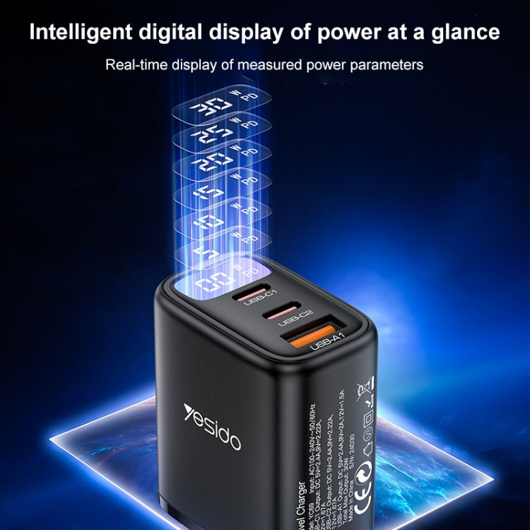 شاحن Yesido YC69 بقوة 30 واط USB + USB-C مزدوج / Type-C مع شاشة رقمية، المواصفات: قابس الاتحاد الأوروبي، YC69