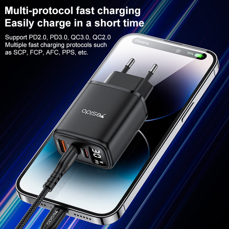 شاحن Yesido YC69 بقوة 30 واط USB + USB-C مزدوج / Type-C مع شاشة رقمية، المواصفات: قابس الاتحاد الأوروبي، YC69