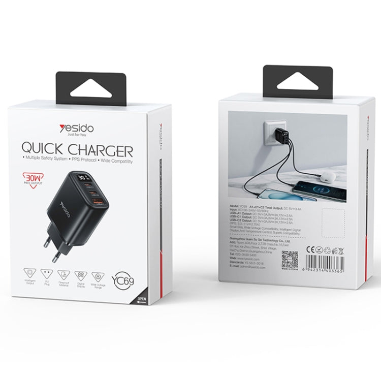 شاحن Yesido YC69 بقوة 30 واط USB + USB-C مزدوج / Type-C مع شاشة رقمية، المواصفات: قابس الاتحاد الأوروبي، YC69