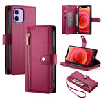 حقيبة محفظة بسحاب مع تسع فتحات بطاقات من الجلد لهاتف، لهواتف iPhone 14 Pro Max، iPhone 13 Pro Max، iPhone 13 Pro، iPhone 13، iPhone 13 mini، iPhone 12 / 12 Pro، iPhone 12 Pro Max، iPhone 12 mini