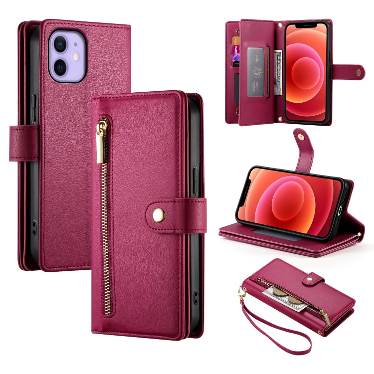 حقيبة محفظة بسحاب مع تسع فتحات بطاقات من الجلد لهاتف، لهواتف iPhone 14 Pro Max، iPhone 13 Pro Max، iPhone 13 Pro، iPhone 13، iPhone 13 mini، iPhone 12 / 12 Pro، iPhone 12 Pro Max، iPhone 12 mini