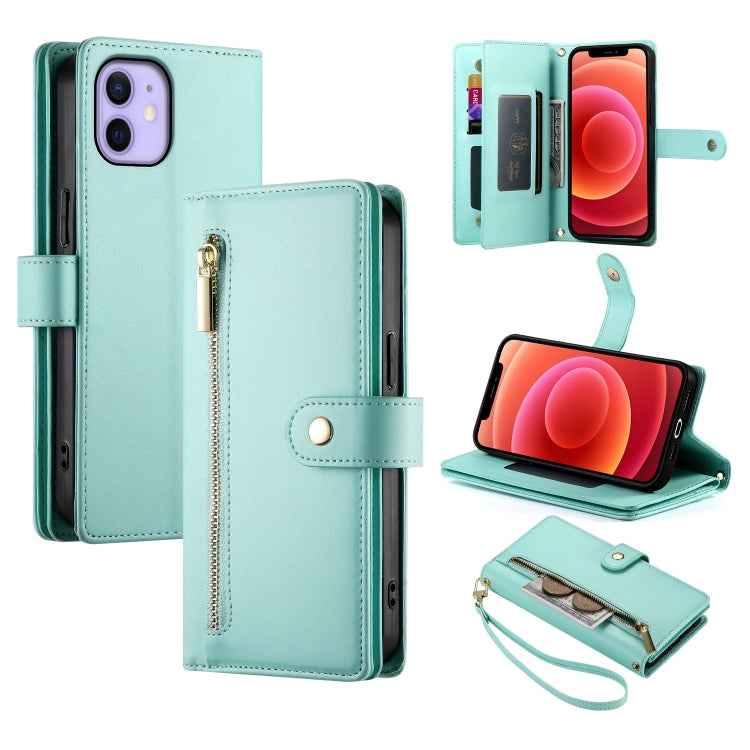 حقيبة محفظة بسحاب مع تسع فتحات بطاقات من الجلد لهاتف، لهواتف iPhone 14 Pro Max، iPhone 13 Pro Max، iPhone 13 Pro، iPhone 13، iPhone 13 mini، iPhone 12 / 12 Pro، iPhone 12 Pro Max، iPhone 12 mini