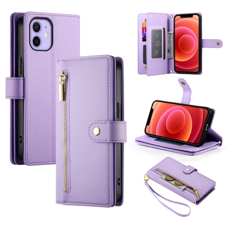 حقيبة محفظة بسحاب مع تسع فتحات بطاقات من الجلد لهاتف، لهواتف iPhone 14 Pro Max، iPhone 13 Pro Max، iPhone 13 Pro، iPhone 13، iPhone 13 mini، iPhone 12 / 12 Pro، iPhone 12 Pro Max، iPhone 12 mini