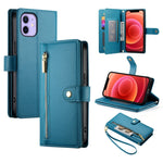حقيبة محفظة بسحاب مع تسع فتحات بطاقات من الجلد لهاتف، لهواتف iPhone 14 Pro Max، iPhone 13 Pro Max، iPhone 13 Pro، iPhone 13، iPhone 13 mini، iPhone 12 / 12 Pro، iPhone 12 Pro Max، iPhone 12 mini