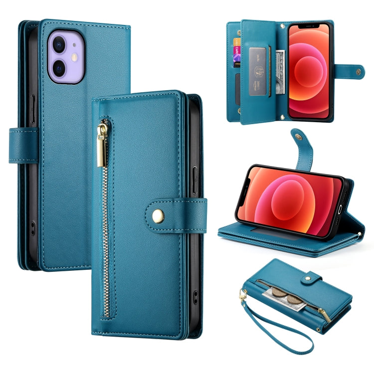 حقيبة محفظة بسحاب مع تسع فتحات بطاقات من الجلد لهاتف، لهواتف iPhone 14 Pro Max، iPhone 13 Pro Max، iPhone 13 Pro، iPhone 13، iPhone 13 mini، iPhone 12 / 12 Pro، iPhone 12 Pro Max، iPhone 12 mini