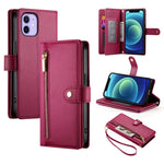 حقيبة محفظة بسحاب مع تسع فتحات بطاقات من الجلد لهاتف، لهواتف iPhone 14 Pro Max، iPhone 13 Pro Max، iPhone 13 Pro، iPhone 13، iPhone 13 mini، iPhone 12 / 12 Pro، iPhone 12 Pro Max، iPhone 12 mini