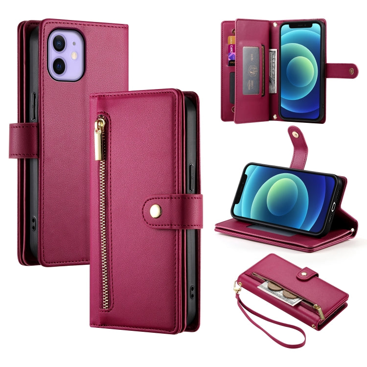 حقيبة محفظة بسحاب مع تسع فتحات بطاقات من الجلد لهاتف، لهواتف iPhone 14 Pro Max، iPhone 13 Pro Max، iPhone 13 Pro، iPhone 13، iPhone 13 mini، iPhone 12 / 12 Pro، iPhone 12 Pro Max، iPhone 12 mini