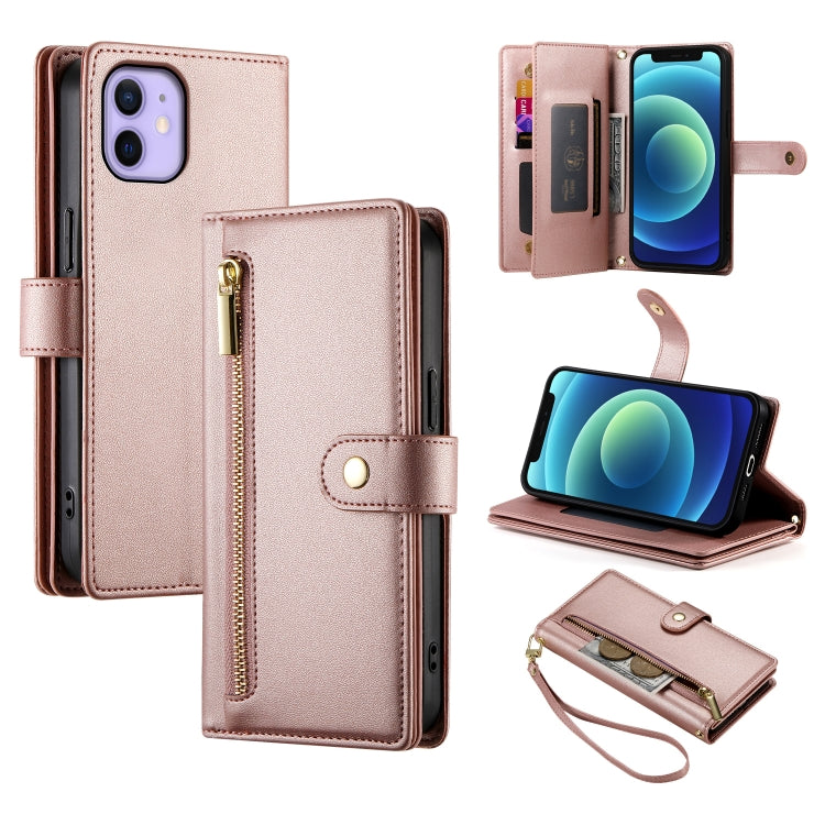 حقيبة محفظة بسحاب مع تسع فتحات بطاقات من الجلد لهاتف، لهواتف iPhone 14 Pro Max، iPhone 13 Pro Max، iPhone 13 Pro، iPhone 13، iPhone 13 mini، iPhone 12 / 12 Pro، iPhone 12 Pro Max، iPhone 12 mini