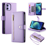 حقيبة محفظة بسحاب مع تسع فتحات بطاقات من الجلد لهاتف، لهواتف iPhone 14 Pro Max، iPhone 13 Pro Max، iPhone 13 Pro، iPhone 13، iPhone 13 mini، iPhone 12 / 12 Pro، iPhone 12 Pro Max، iPhone 12 mini