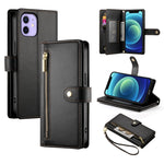 حقيبة محفظة بسحاب مع تسع فتحات بطاقات من الجلد لهاتف، لهواتف iPhone 14 Pro Max، iPhone 13 Pro Max، iPhone 13 Pro، iPhone 13، iPhone 13 mini، iPhone 12 / 12 Pro، iPhone 12 Pro Max، iPhone 12 mini