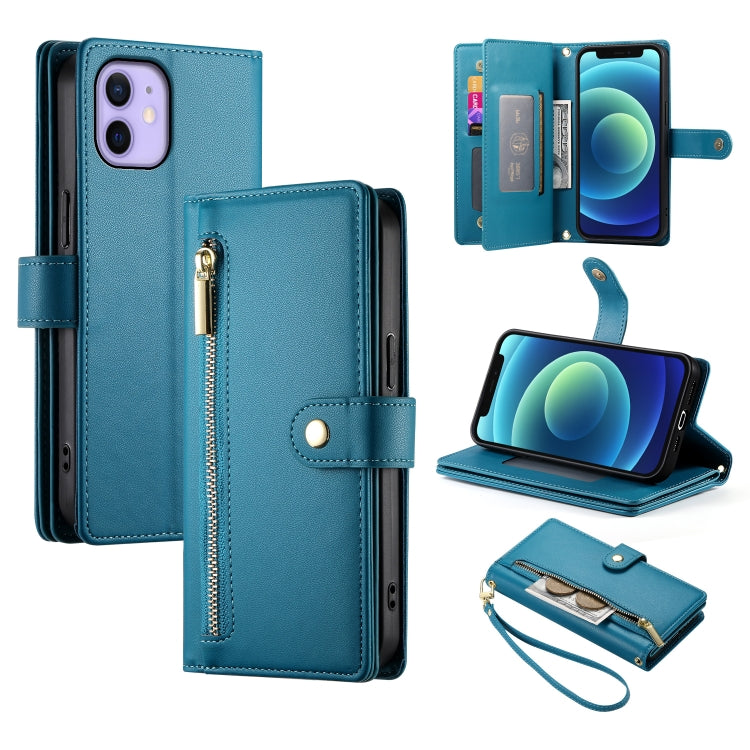 حقيبة محفظة بسحاب مع تسع فتحات بطاقات من الجلد لهاتف، لهواتف iPhone 14 Pro Max، iPhone 13 Pro Max، iPhone 13 Pro، iPhone 13، iPhone 13 mini، iPhone 12 / 12 Pro، iPhone 12 Pro Max، iPhone 12 mini
