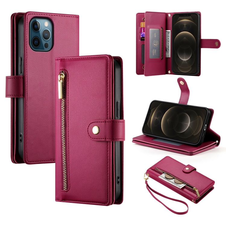 حقيبة محفظة بسحاب مع تسع فتحات بطاقات من الجلد لهاتف، لهواتف iPhone 14 Pro Max، iPhone 13 Pro Max، iPhone 13 Pro، iPhone 13، iPhone 13 mini، iPhone 12 / 12 Pro، iPhone 12 Pro Max، iPhone 12 mini