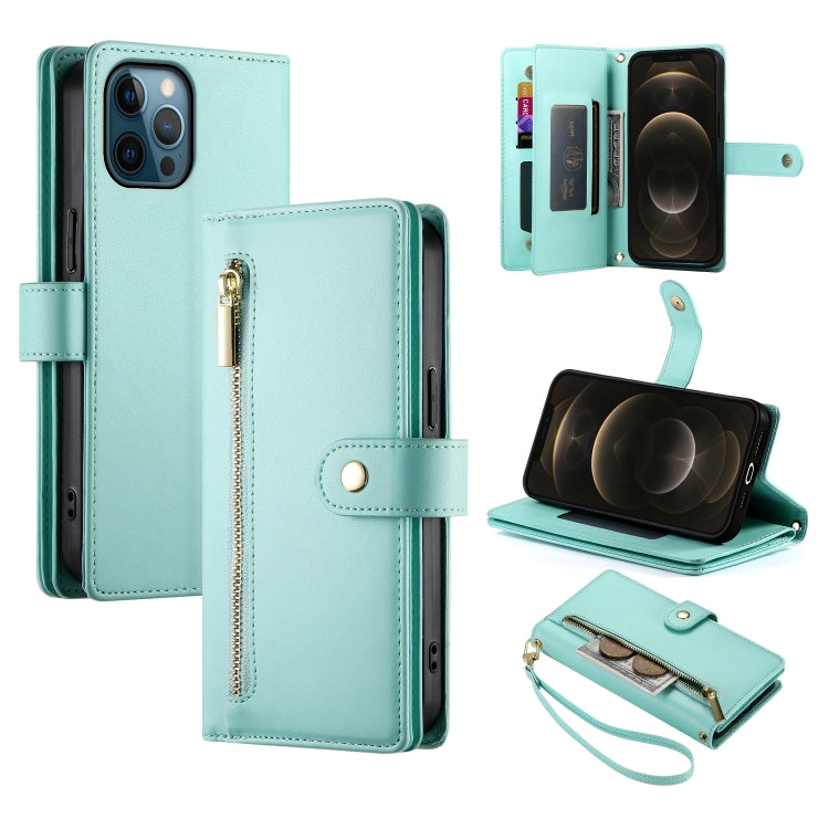 حقيبة محفظة بسحاب مع تسع فتحات بطاقات من الجلد لهاتف، لهواتف iPhone 14 Pro Max، iPhone 13 Pro Max، iPhone 13 Pro، iPhone 13، iPhone 13 mini، iPhone 12 / 12 Pro، iPhone 12 Pro Max، iPhone 12 mini