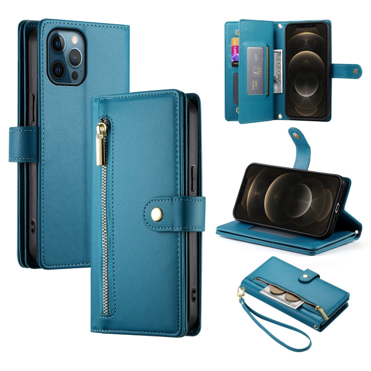 حقيبة محفظة بسحاب مع تسع فتحات بطاقات من الجلد لهاتف، لهواتف iPhone 14 Pro Max، iPhone 13 Pro Max، iPhone 13 Pro، iPhone 13، iPhone 13 mini، iPhone 12 / 12 Pro، iPhone 12 Pro Max، iPhone 12 mini