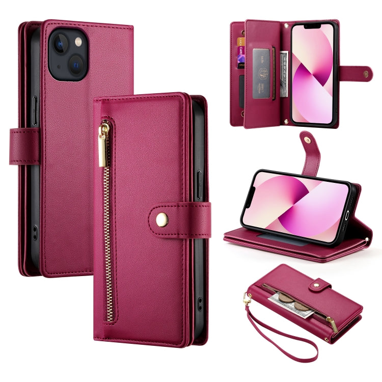 حقيبة محفظة بسحاب مع تسع فتحات بطاقات من الجلد لهاتف، لهواتف iPhone 14 Pro Max، iPhone 13 Pro Max، iPhone 13 Pro، iPhone 13، iPhone 13 mini، iPhone 12 / 12 Pro، iPhone 12 Pro Max، iPhone 12 mini
