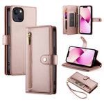 حقيبة محفظة بسحاب مع تسع فتحات بطاقات من الجلد لهاتف، لهواتف iPhone 14 Pro Max، iPhone 13 Pro Max، iPhone 13 Pro، iPhone 13، iPhone 13 mini، iPhone 12 / 12 Pro، iPhone 12 Pro Max، iPhone 12 mini