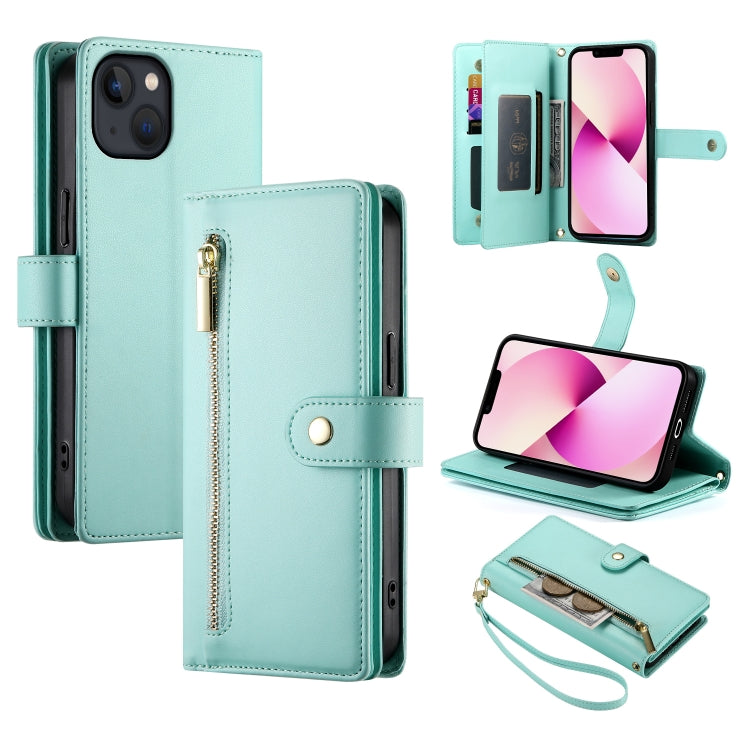 حقيبة محفظة بسحاب مع تسع فتحات بطاقات من الجلد لهاتف، لهواتف iPhone 14 Pro Max، iPhone 13 Pro Max، iPhone 13 Pro، iPhone 13، iPhone 13 mini، iPhone 12 / 12 Pro، iPhone 12 Pro Max، iPhone 12 mini