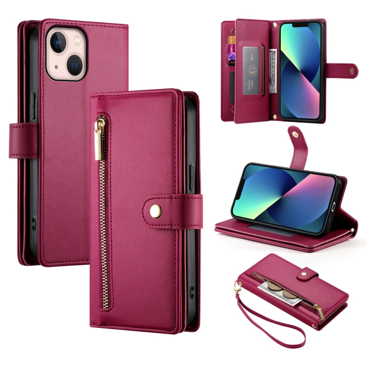 حقيبة محفظة بسحاب مع تسع فتحات بطاقات من الجلد لهاتف، لهواتف iPhone 14 Pro Max، iPhone 13 Pro Max، iPhone 13 Pro، iPhone 13، iPhone 13 mini، iPhone 12 / 12 Pro، iPhone 12 Pro Max، iPhone 12 mini