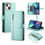 حقيبة محفظة بسحاب مع تسع فتحات بطاقات من الجلد لهاتف، لهواتف iPhone 14 Pro Max، iPhone 13 Pro Max، iPhone 13 Pro، iPhone 13، iPhone 13 mini، iPhone 12 / 12 Pro، iPhone 12 Pro Max، iPhone 12 mini