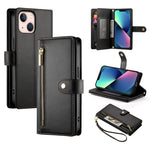 حقيبة محفظة بسحاب مع تسع فتحات بطاقات من الجلد لهاتف، لهواتف iPhone 14 Pro Max، iPhone 13 Pro Max، iPhone 13 Pro، iPhone 13، iPhone 13 mini، iPhone 12 / 12 Pro، iPhone 12 Pro Max، iPhone 12 mini
