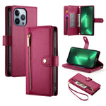حقيبة محفظة بسحاب مع تسع فتحات بطاقات من الجلد لهاتف، لهواتف iPhone 14 Pro Max، iPhone 13 Pro Max، iPhone 13 Pro، iPhone 13، iPhone 13 mini، iPhone 12 / 12 Pro، iPhone 12 Pro Max، iPhone 12 mini