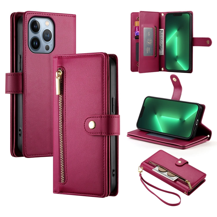 حقيبة محفظة بسحاب مع تسع فتحات بطاقات من الجلد لهاتف، لهواتف iPhone 14 Pro Max، iPhone 13 Pro Max، iPhone 13 Pro، iPhone 13، iPhone 13 mini، iPhone 12 / 12 Pro، iPhone 12 Pro Max، iPhone 12 mini
