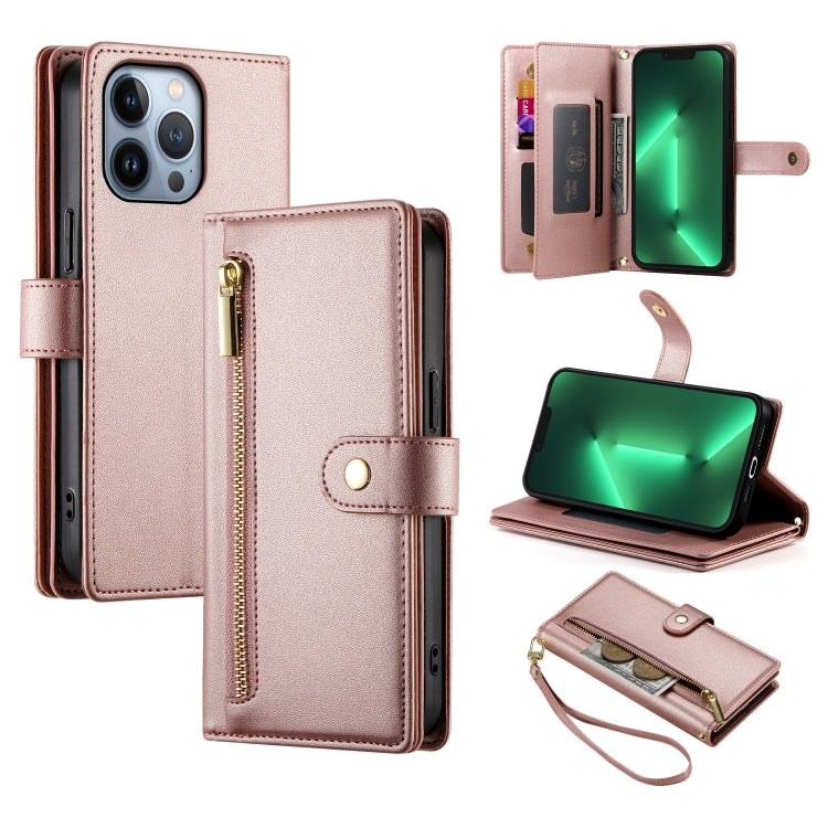 حقيبة محفظة بسحاب مع تسع فتحات بطاقات من الجلد لهاتف، لهواتف iPhone 14 Pro Max، iPhone 13 Pro Max، iPhone 13 Pro، iPhone 13، iPhone 13 mini، iPhone 12 / 12 Pro، iPhone 12 Pro Max، iPhone 12 mini