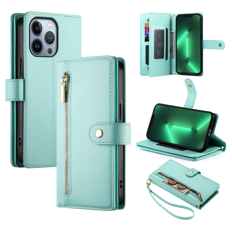 حقيبة محفظة بسحاب مع تسع فتحات بطاقات من الجلد لهاتف، لهواتف iPhone 14 Pro Max، iPhone 13 Pro Max، iPhone 13 Pro، iPhone 13، iPhone 13 mini، iPhone 12 / 12 Pro، iPhone 12 Pro Max، iPhone 12 mini