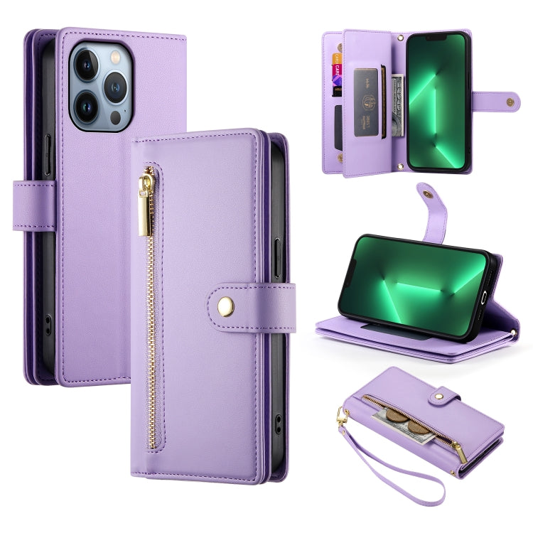 حقيبة محفظة بسحاب مع تسع فتحات بطاقات من الجلد لهاتف، لهواتف iPhone 14 Pro Max، iPhone 13 Pro Max، iPhone 13 Pro، iPhone 13، iPhone 13 mini، iPhone 12 / 12 Pro، iPhone 12 Pro Max، iPhone 12 mini