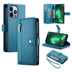 حقيبة محفظة بسحاب مع تسع فتحات بطاقات من الجلد لهاتف، لهواتف iPhone 14 Pro Max، iPhone 13 Pro Max، iPhone 13 Pro، iPhone 13، iPhone 13 mini، iPhone 12 / 12 Pro، iPhone 12 Pro Max، iPhone 12 mini