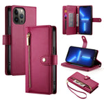 حقيبة محفظة بسحاب مع تسع فتحات بطاقات من الجلد لهاتف، لهواتف iPhone 14 Pro Max، iPhone 13 Pro Max، iPhone 13 Pro، iPhone 13، iPhone 13 mini، iPhone 12 / 12 Pro، iPhone 12 Pro Max، iPhone 12 mini