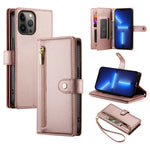 حقيبة محفظة بسحاب مع تسع فتحات بطاقات من الجلد لهاتف، لهواتف iPhone 14 Pro Max، iPhone 13 Pro Max، iPhone 13 Pro، iPhone 13، iPhone 13 mini، iPhone 12 / 12 Pro، iPhone 12 Pro Max، iPhone 12 mini