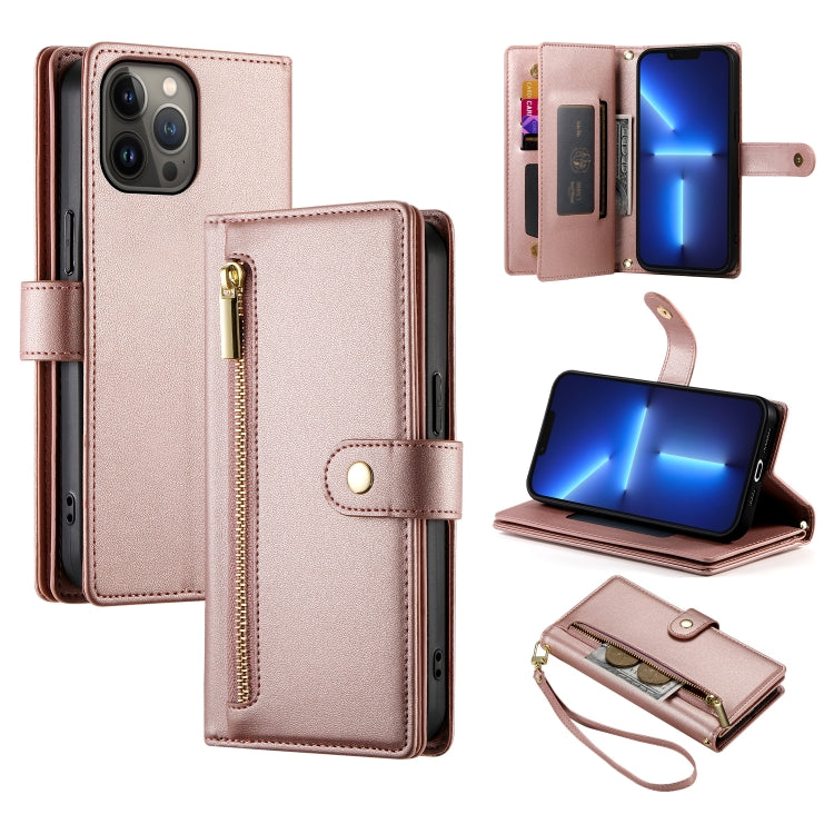 حقيبة محفظة بسحاب مع تسع فتحات بطاقات من الجلد لهاتف، لهواتف iPhone 14 Pro Max، iPhone 13 Pro Max، iPhone 13 Pro، iPhone 13، iPhone 13 mini، iPhone 12 / 12 Pro، iPhone 12 Pro Max، iPhone 12 mini