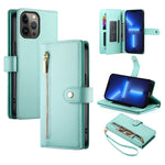 حقيبة محفظة بسحاب مع تسع فتحات بطاقات من الجلد لهاتف، لهواتف iPhone 14 Pro Max، iPhone 13 Pro Max، iPhone 13 Pro، iPhone 13، iPhone 13 mini، iPhone 12 / 12 Pro، iPhone 12 Pro Max، iPhone 12 mini