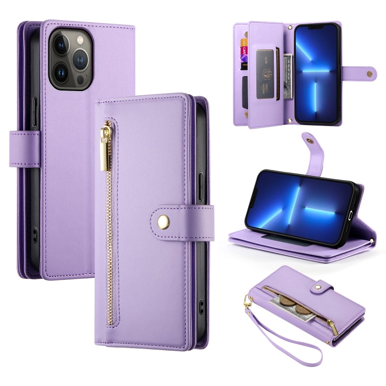حقيبة محفظة بسحاب مع تسع فتحات بطاقات من الجلد لهاتف، لهواتف iPhone 14 Pro Max، iPhone 13 Pro Max، iPhone 13 Pro، iPhone 13، iPhone 13 mini، iPhone 12 / 12 Pro، iPhone 12 Pro Max، iPhone 12 mini