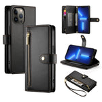 حقيبة محفظة بسحاب مع تسع فتحات بطاقات من الجلد لهاتف، لهواتف iPhone 14 Pro Max، iPhone 13 Pro Max، iPhone 13 Pro، iPhone 13، iPhone 13 mini، iPhone 12 / 12 Pro، iPhone 12 Pro Max، iPhone 12 mini